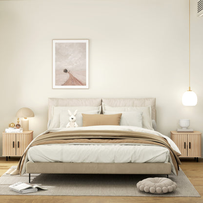 Pack of 2 Nightstands Bedside Tables with Sliding Doors 2 Shelves and Steel Legs Scandinavian Style for Living Room 48x40x48 cm Oak