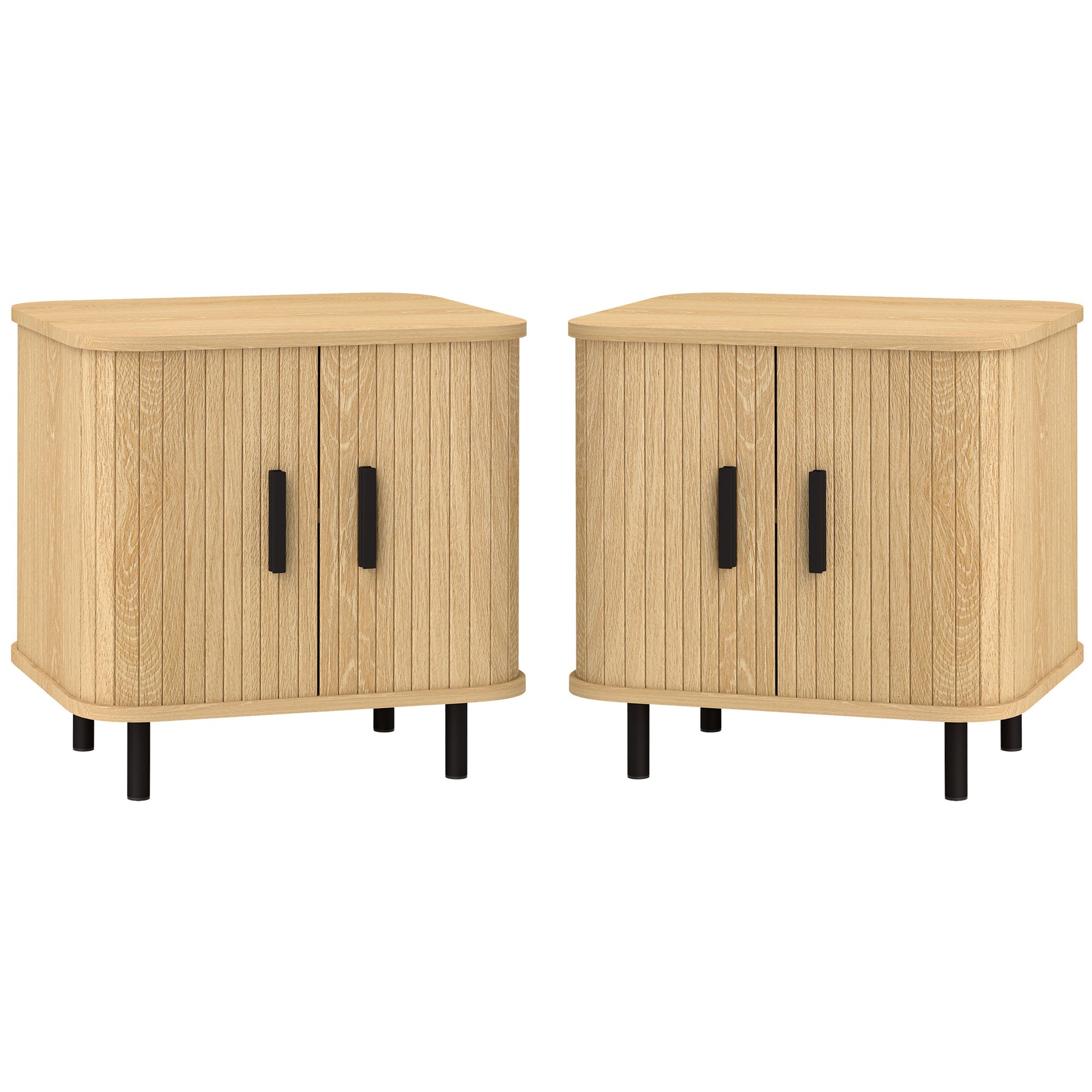 Pack of 2 Nightstands Bedside Tables with Sliding Doors 2 Shelves and Steel Legs Scandinavian Style for Living Room 48x40x48 cm Oak
