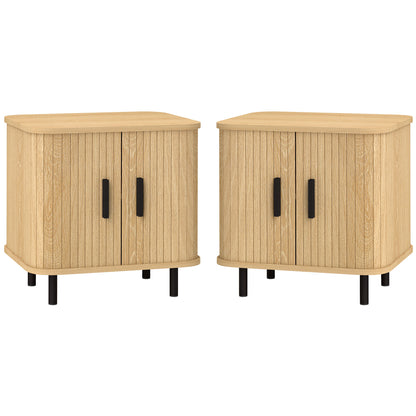 Pack of 2 Nightstands Bedside Tables with Sliding Doors 2 Shelves and Steel Legs Scandinavian Style for Living Room 48x40x48 cm Oak