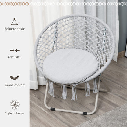 Garden Round Moon Chair Folding Papasan Chair Macrame Cotton Polyester Gray