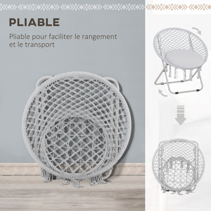 Garden Round Moon Chair Folding Papasan Chair Macrame Cotton Polyester Gray