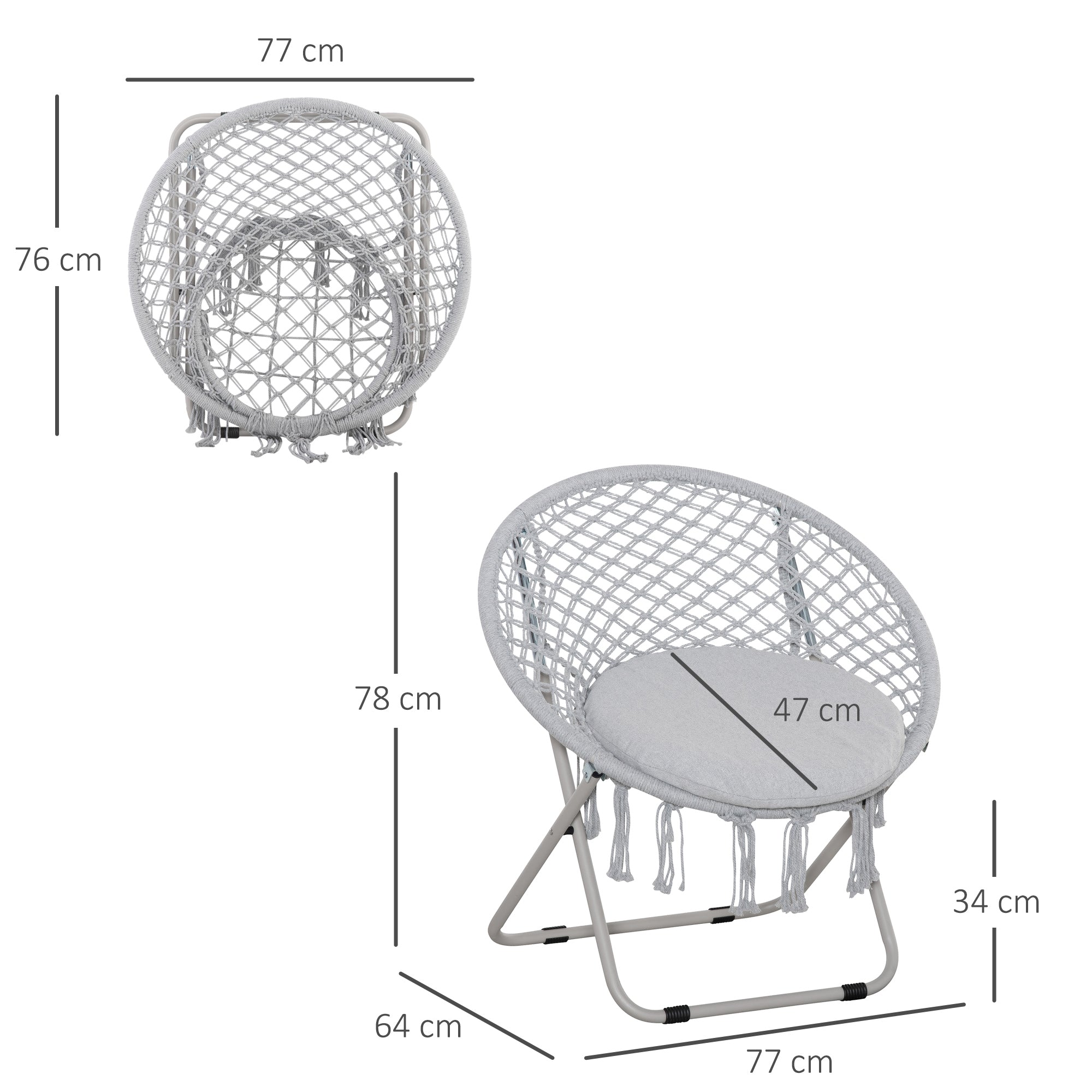 Garden Round Moon Chair Folding Papasan Chair Macrame Cotton Polyester Gray