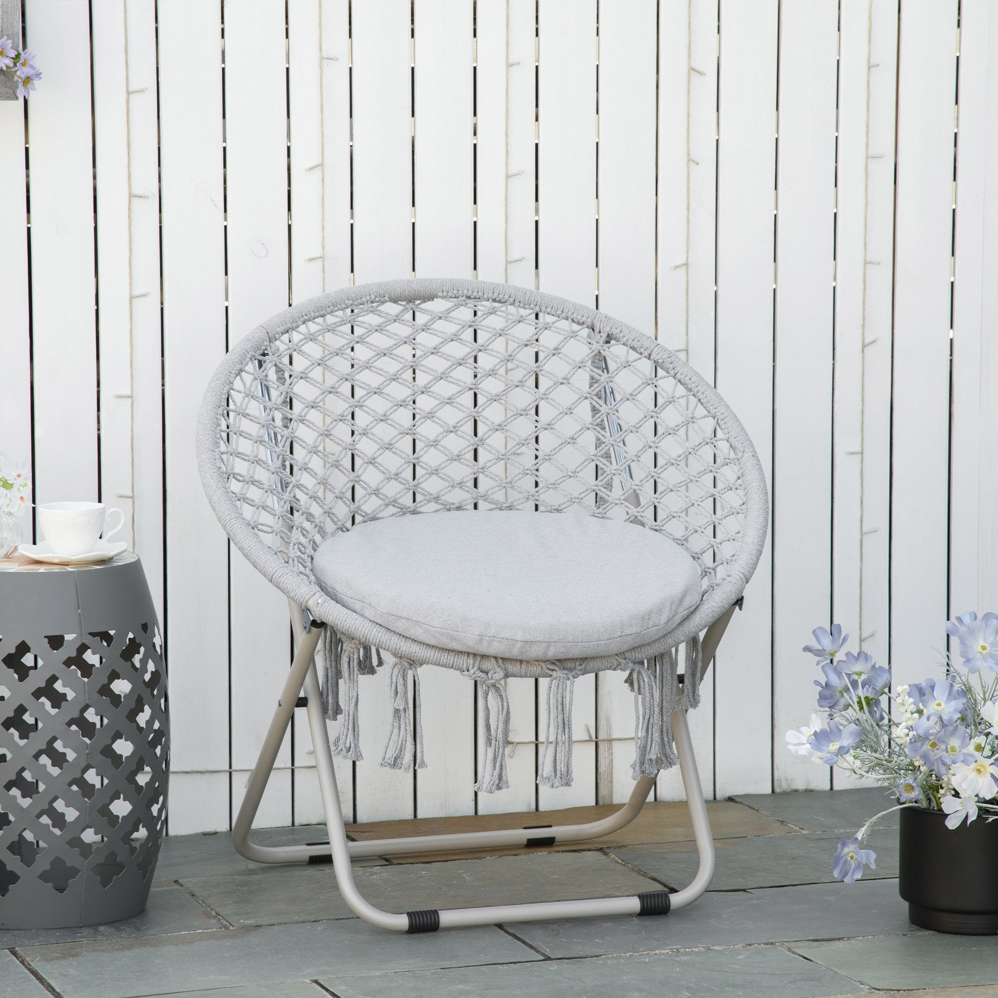 Garden Round Moon Chair Folding Papasan Chair Macrame Cotton Polyester Gray