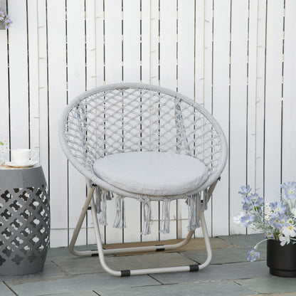Garden Round Moon Chair Folding Papasan Chair Macrame Cotton Polyester Gray