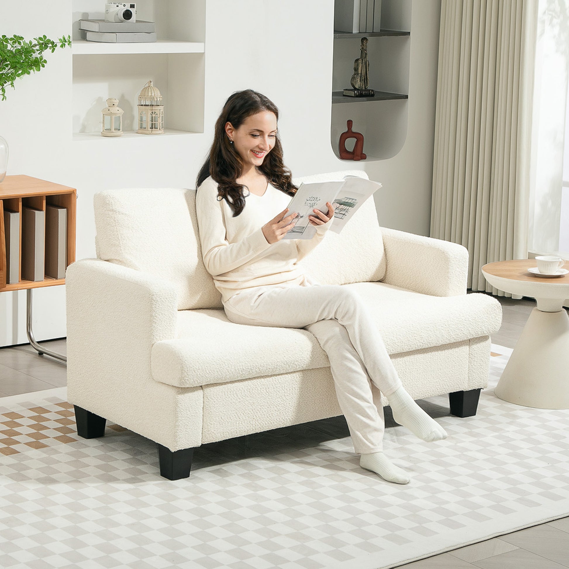 2-Seater Chenille Sofa with Armrests, Modern 2-Seater Sofa with Wooden Legs and Removable Washable Cushions for Living Room, Lounge, Home and Office, 138x70x80 cm, Cream