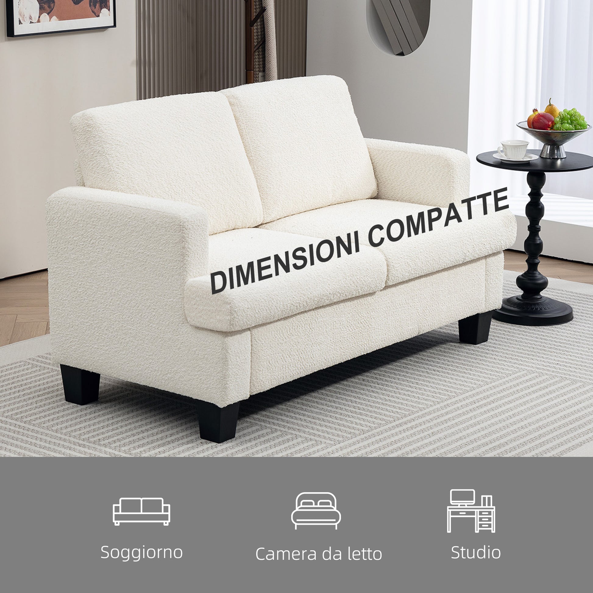 2-Seater Chenille Sofa with Armrests, Modern 2-Seater Sofa with Wooden Legs and Removable Washable Cushions for Living Room, Lounge, Home and Office, 138x70x80 cm, Cream