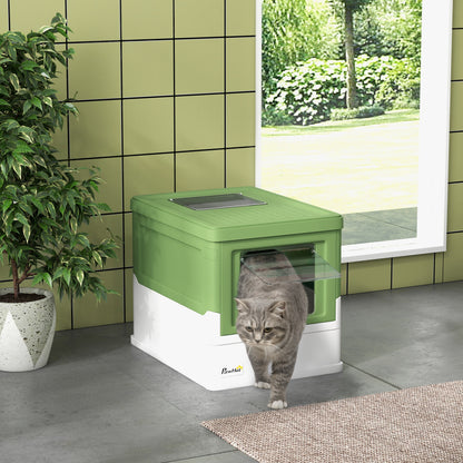 Cat Litter Box with Lid Hooded Cat Toilet Scoop Pull-Out Tray Cat Litter Box for Cats up to 5 kg 47.5 x 35.5 x 36.7 cm White+Green