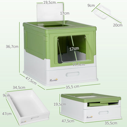 Cat Litter Box with Lid Hooded Cat Toilet Scoop Pull-Out Tray Cat Litter Box for Cats up to 5 kg 47.5 x 35.5 x 36.7 cm White+Green