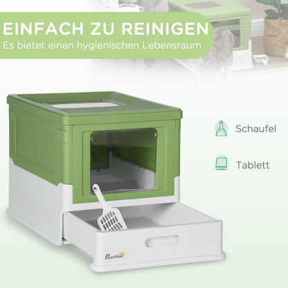 Cat Litter Box with Lid Hooded Cat Toilet Scoop Pull-Out Tray Cat Litter Box for Cats up to 5 kg 47.5 x 35.5 x 36.7 cm White+Green