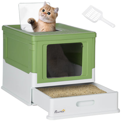 Cat Litter Box with Lid Hooded Cat Toilet Scoop Pull-Out Tray Cat Litter Box for Cats up to 5 kg 47.5 x 35.5 x 36.7 cm White+Green