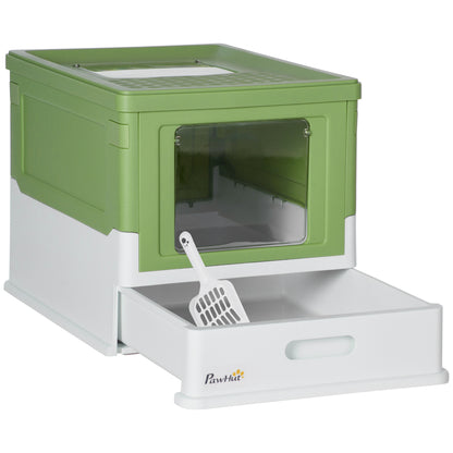 Cat Litter Box with Lid Hooded Cat Toilet Scoop Pull-Out Tray Cat Litter Box for Cats up to 5 kg 47.5 x 35.5 x 36.7 cm White+Green