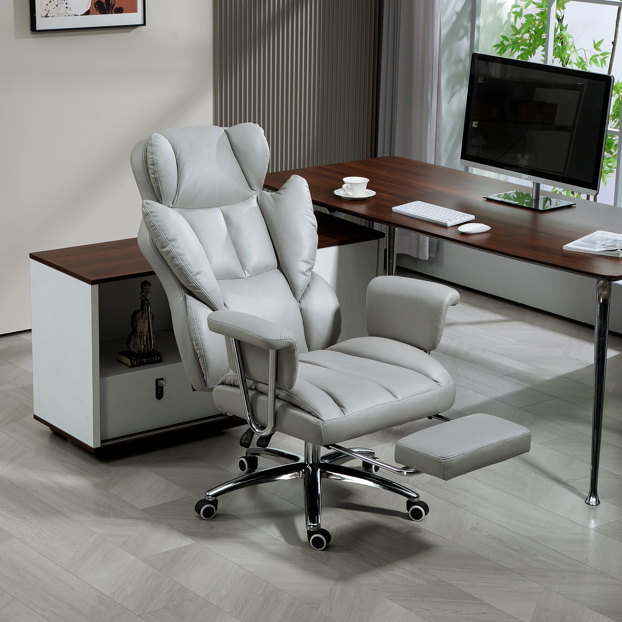 Office Chair with Reclining Function, Ergonomic Desk Chair, Height Adjustable Swivel Chair with Footrest, Padded, Holds Up to 120 kg, for Office, Study Room, Light Gray