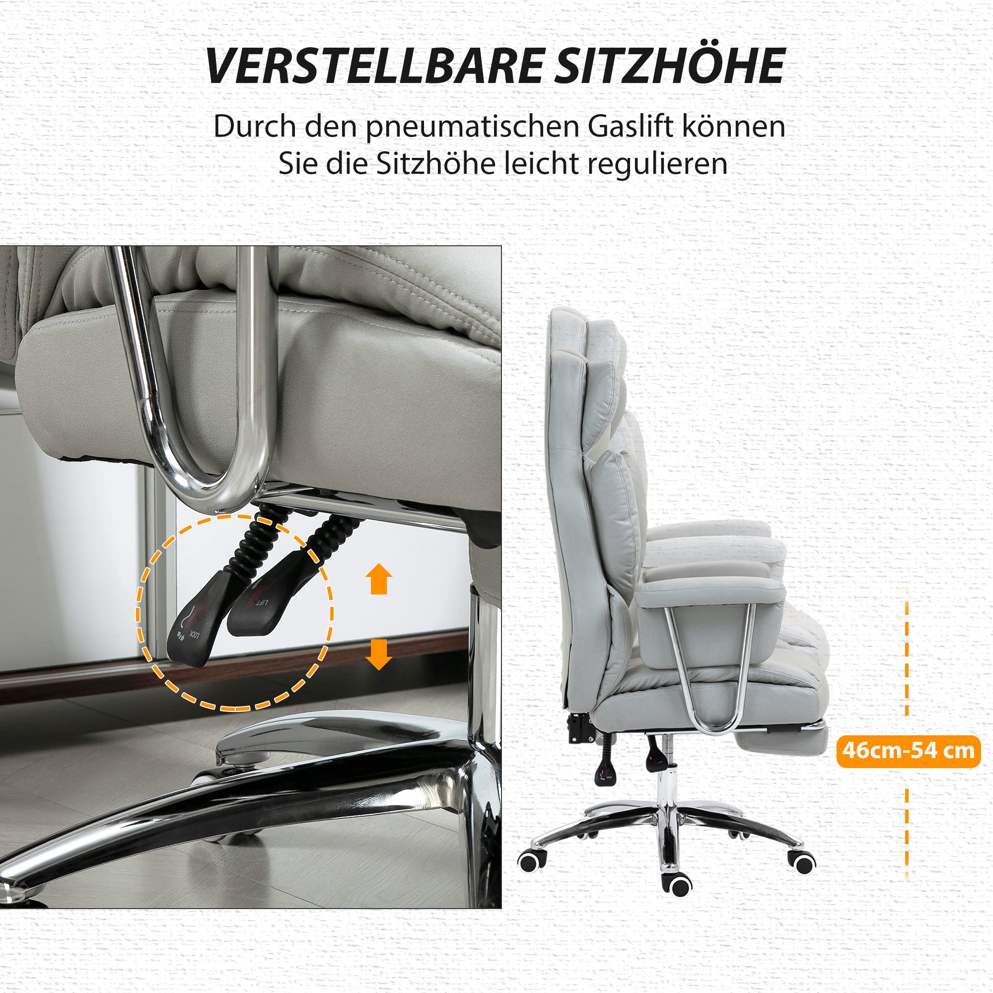 Office Chair with Reclining Function, Ergonomic Desk Chair, Height Adjustable Swivel Chair with Footrest, Padded, Holds Up to 120 kg, for Office, Study Room, Light Gray