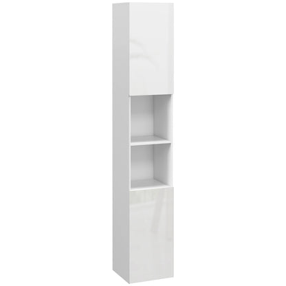 Tall Bathroom Cabinet, Glossy Finish, Adjustable Shelves, 2 Cupboards and 2 Niches, Bathroom Storage Shelf, 30 x 30 x 181.5 cm, White