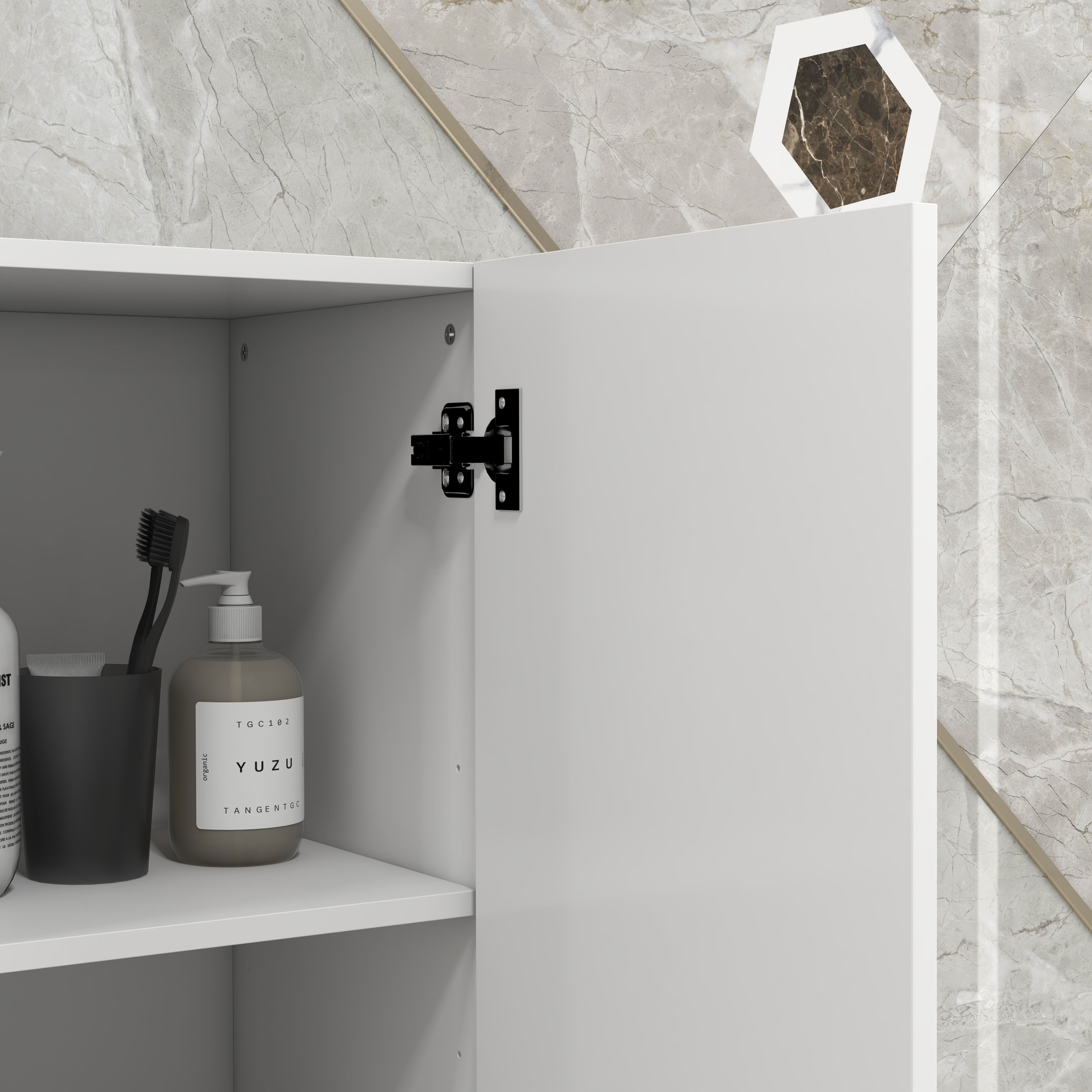 Tall Bathroom Cabinet, Glossy Finish, Adjustable Shelves, 2 Cupboards and 2 Niches, Bathroom Storage Shelf, 30 x 30 x 181.5 cm, White