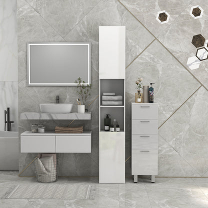 Tall Bathroom Cabinet, Glossy Finish, Adjustable Shelves, 2 Cupboards and 2 Niches, Bathroom Storage Shelf, 30 x 30 x 181.5 cm, White
