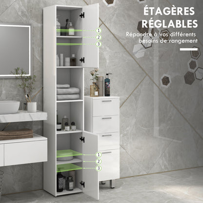 Tall Bathroom Cabinet, Glossy Finish, Adjustable Shelves, 2 Cupboards and 2 Niches, Bathroom Storage Shelf, 30 x 30 x 181.5 cm, White