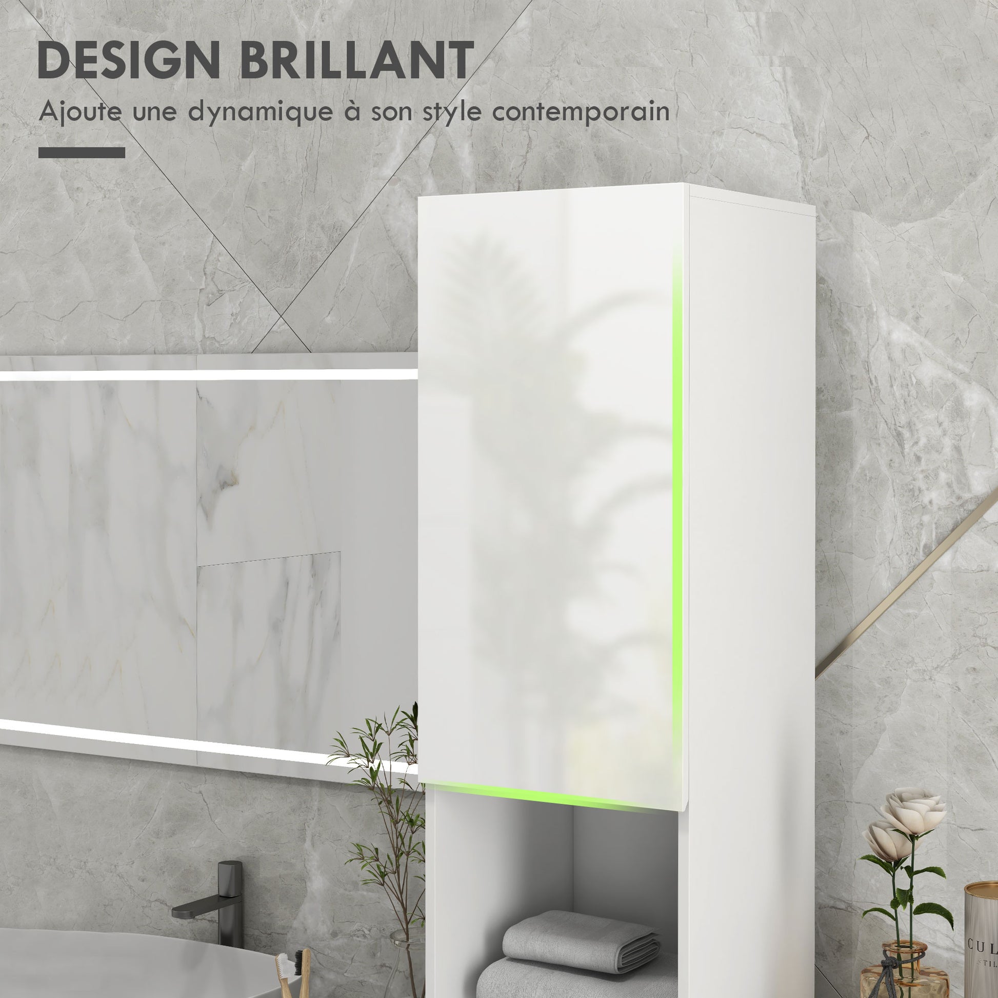 Tall Bathroom Cabinet, Glossy Finish, Adjustable Shelves, 2 Cupboards and 2 Niches, Bathroom Storage Shelf, 30 x 30 x 181.5 cm, White