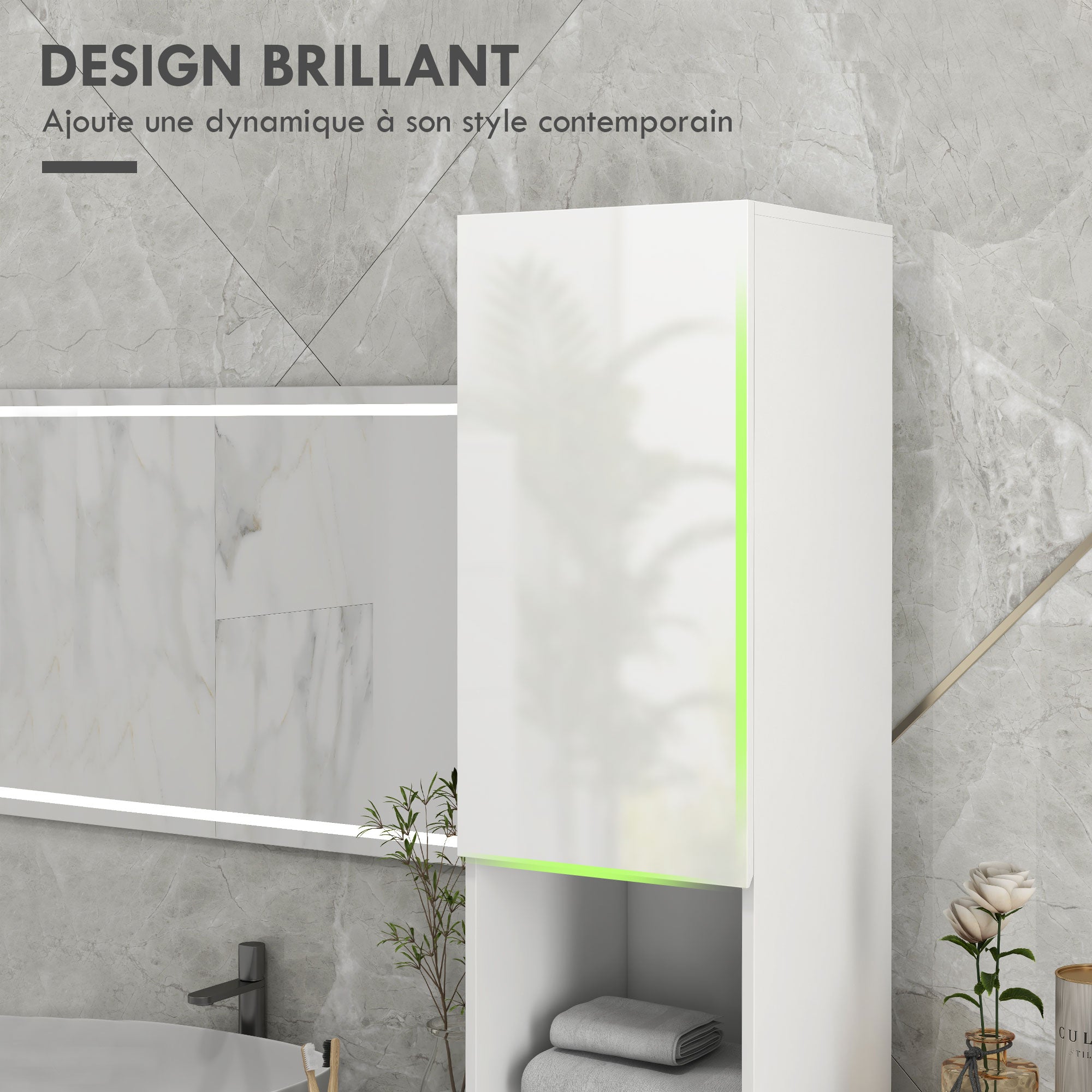Tall Bathroom Cabinet, Glossy Finish, Adjustable Shelves, 2 Cupboards and 2 Niches, Bathroom Storage Shelf, 30 x 30 x 181.5 cm, White