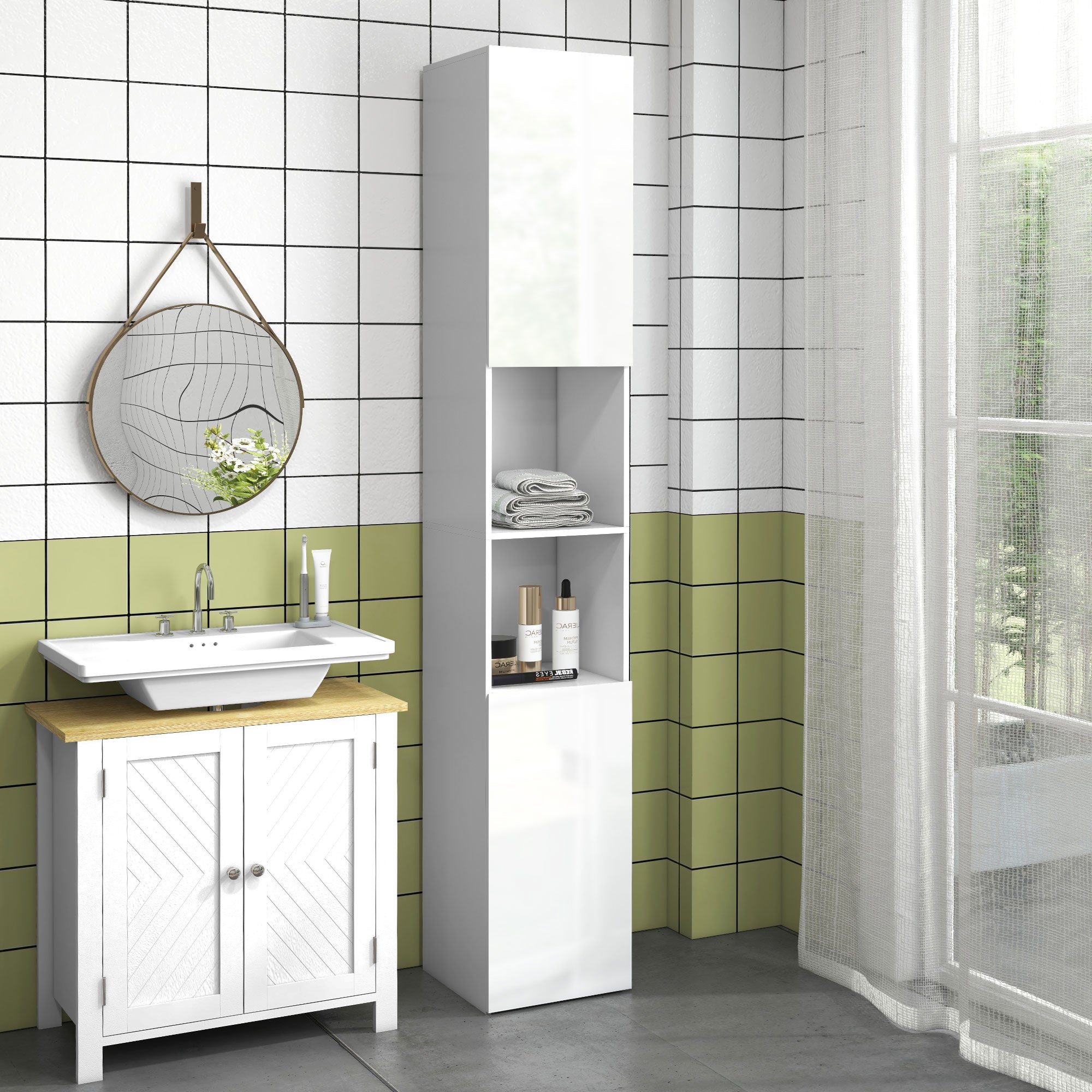 Tall Bathroom Cabinet, Glossy Finish, Adjustable Shelves, 2 Cupboards and 2 Niches, Bathroom Storage Shelf, 30 x 30 x 181.5 cm, White