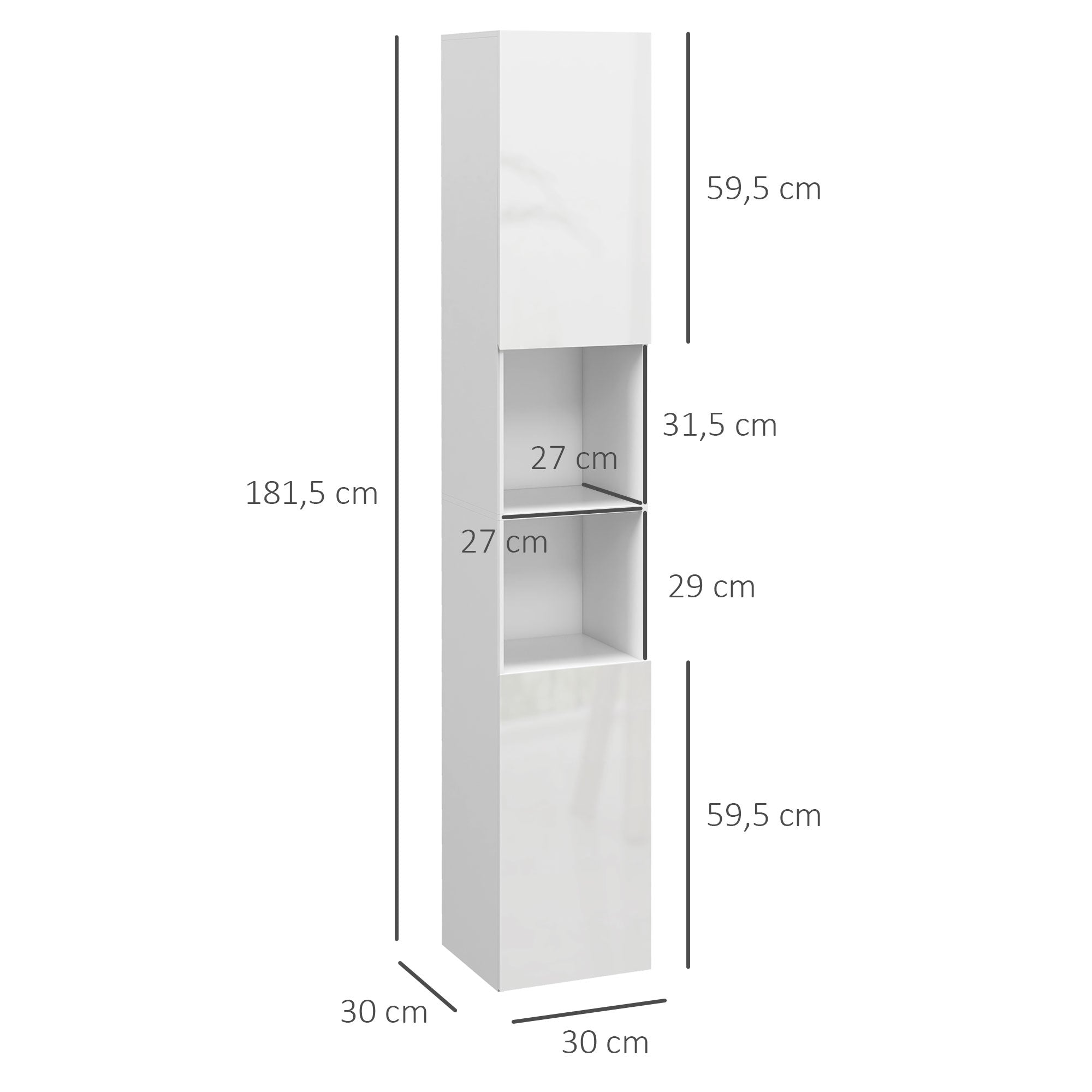 Tall Bathroom Cabinet, Glossy Finish, Adjustable Shelves, 2 Cupboards and 2 Niches, Bathroom Storage Shelf, 30 x 30 x 181.5 cm, White