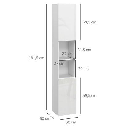 Tall Bathroom Cabinet, Glossy Finish, Adjustable Shelves, 2 Cupboards and 2 Niches, Bathroom Storage Shelf, 30 x 30 x 181.5 cm, White