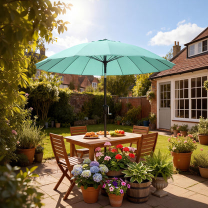 2 m (6.6 ft) Round Outdoor Patio Parasol — Tilting Center Pole, Crank Open, 16 Fiberglass Ribs, 180 g/m² Polyester (≈5.3 oz/yd²), UPF30+, Turquoise