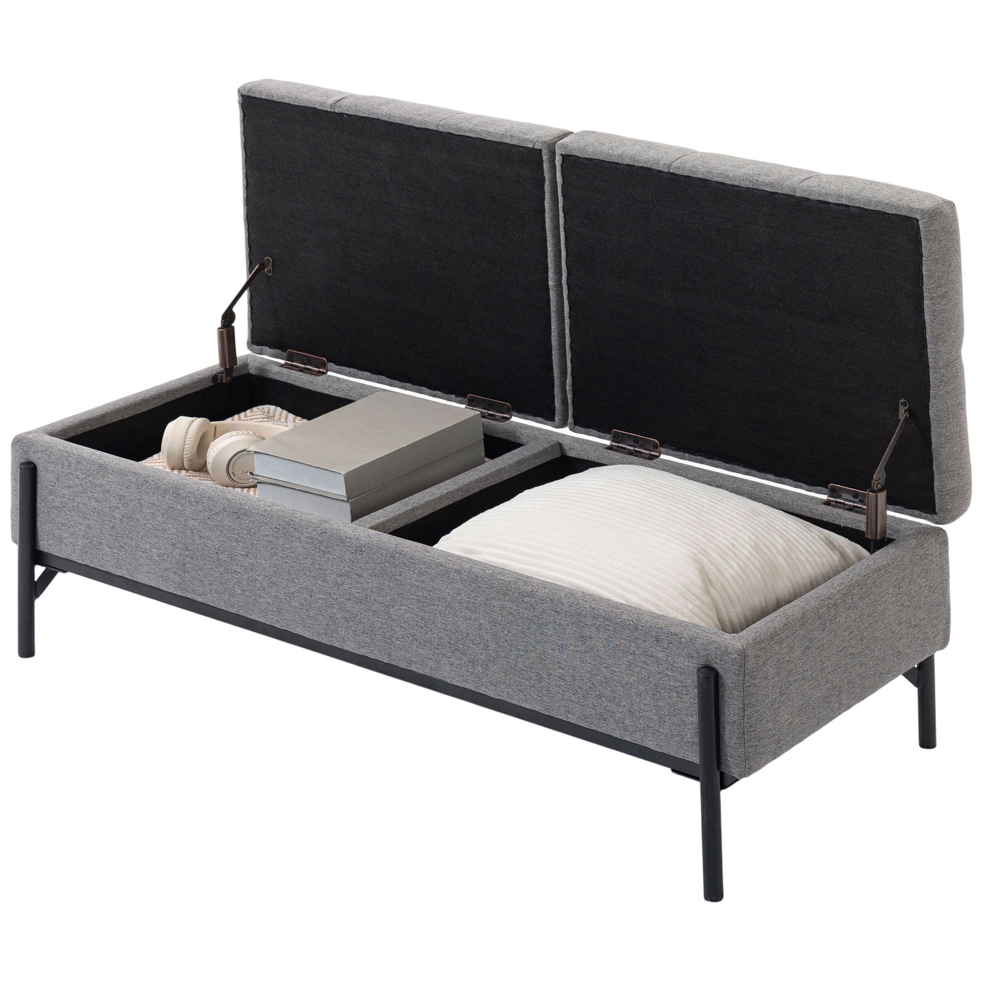 Storage Bench, Linen Ottoman with 2 Compartments, Hinged Lids and Extra-Thick Cushion, Button-Tufted Seat, for Bedroom, Living Room, Hallway — 46.1 x 19.7 x 17.3 in (117 x 50 x 44 cm), Gray