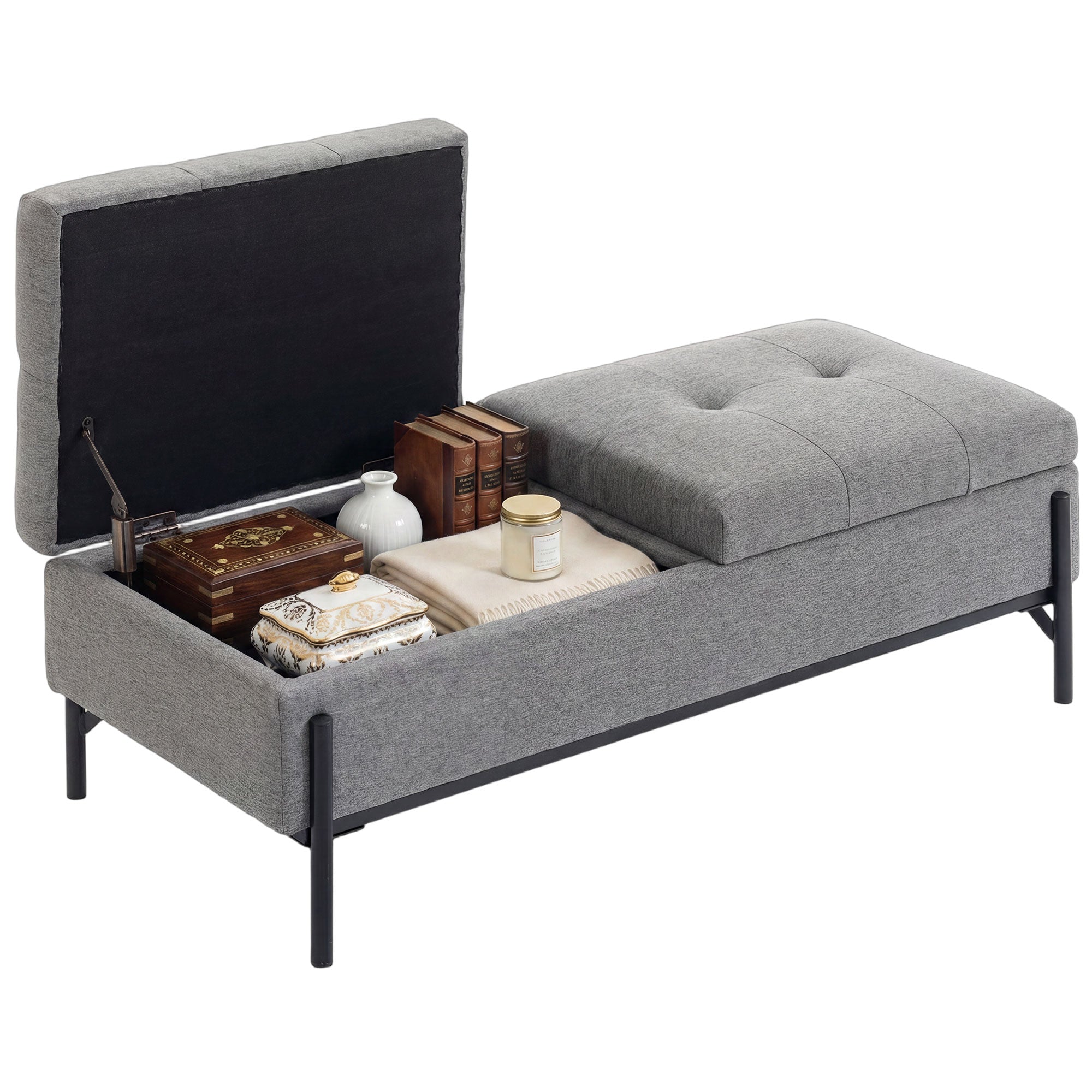 Storage Bench, Linen Ottoman with 2 Compartments, Hinged Lids and Extra-Thick Cushion, Button-Tufted Seat, for Bedroom, Living Room, Hallway — 46.1 x 19.7 x 17.3 in (117 x 50 x 44 cm), Gray