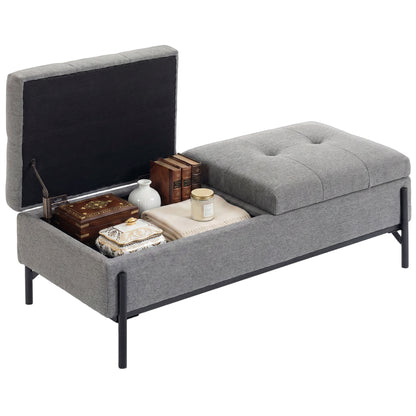 Storage Bench, Linen Ottoman with 2 Compartments, Hinged Lids and Extra-Thick Cushion, Button-Tufted Seat, for Bedroom, Living Room, Hallway — 46.1 x 19.7 x 17.3 in (117 x 50 x 44 cm), Gray