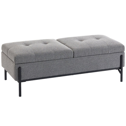 Storage Bench, Linen Ottoman with 2 Compartments, Hinged Lids and Extra-Thick Cushion, Button-Tufted Seat, for Bedroom, Living Room, Hallway — 46.1 x 19.7 x 17.3 in (117 x 50 x 44 cm), Gray