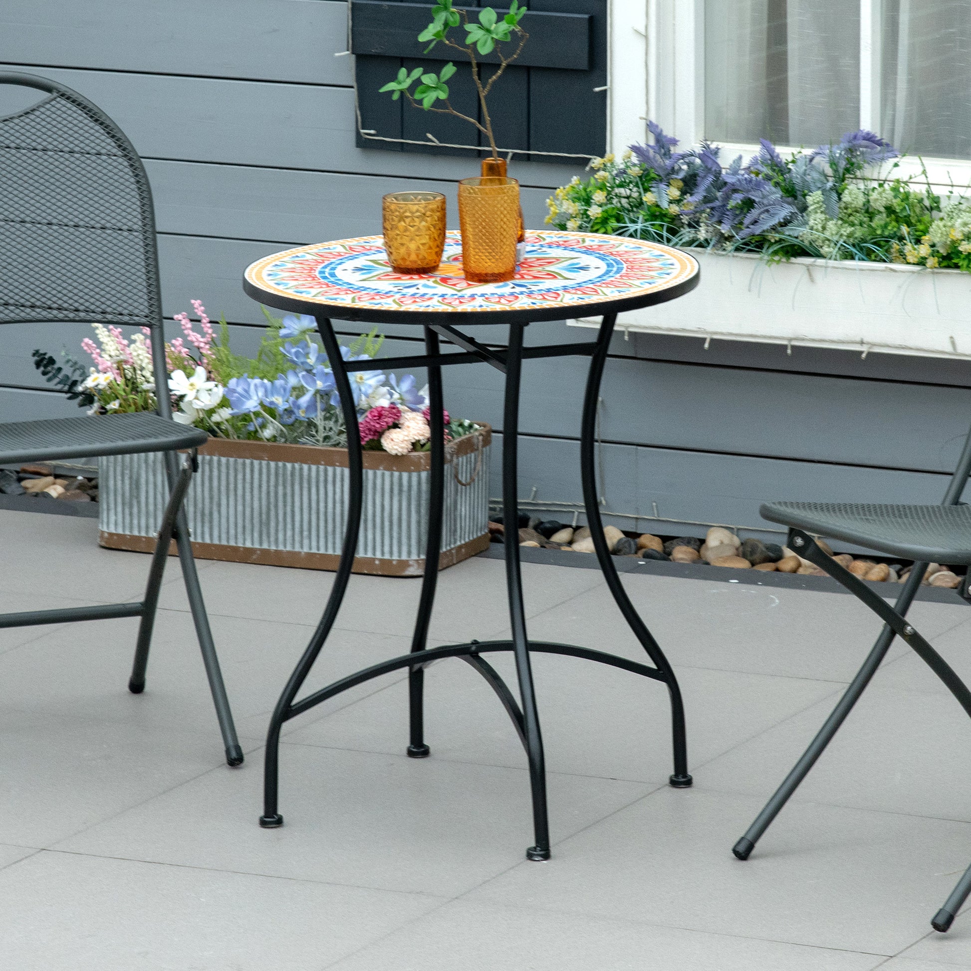 Garden Table Ø60 cm, Weatherproof Metal Patio Table, Outdoor Dining Table, Camping Side Table, Round Patio Table for Garden Terrace Balcony Red+Blue+White