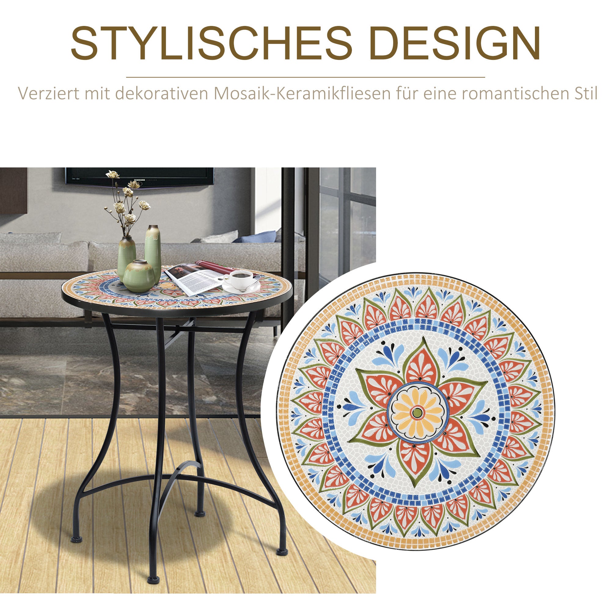 Garden Table Ø60 cm, Weatherproof Metal Patio Table, Outdoor Dining Table, Camping Side Table, Round Patio Table for Garden Terrace Balcony Red+Blue+White