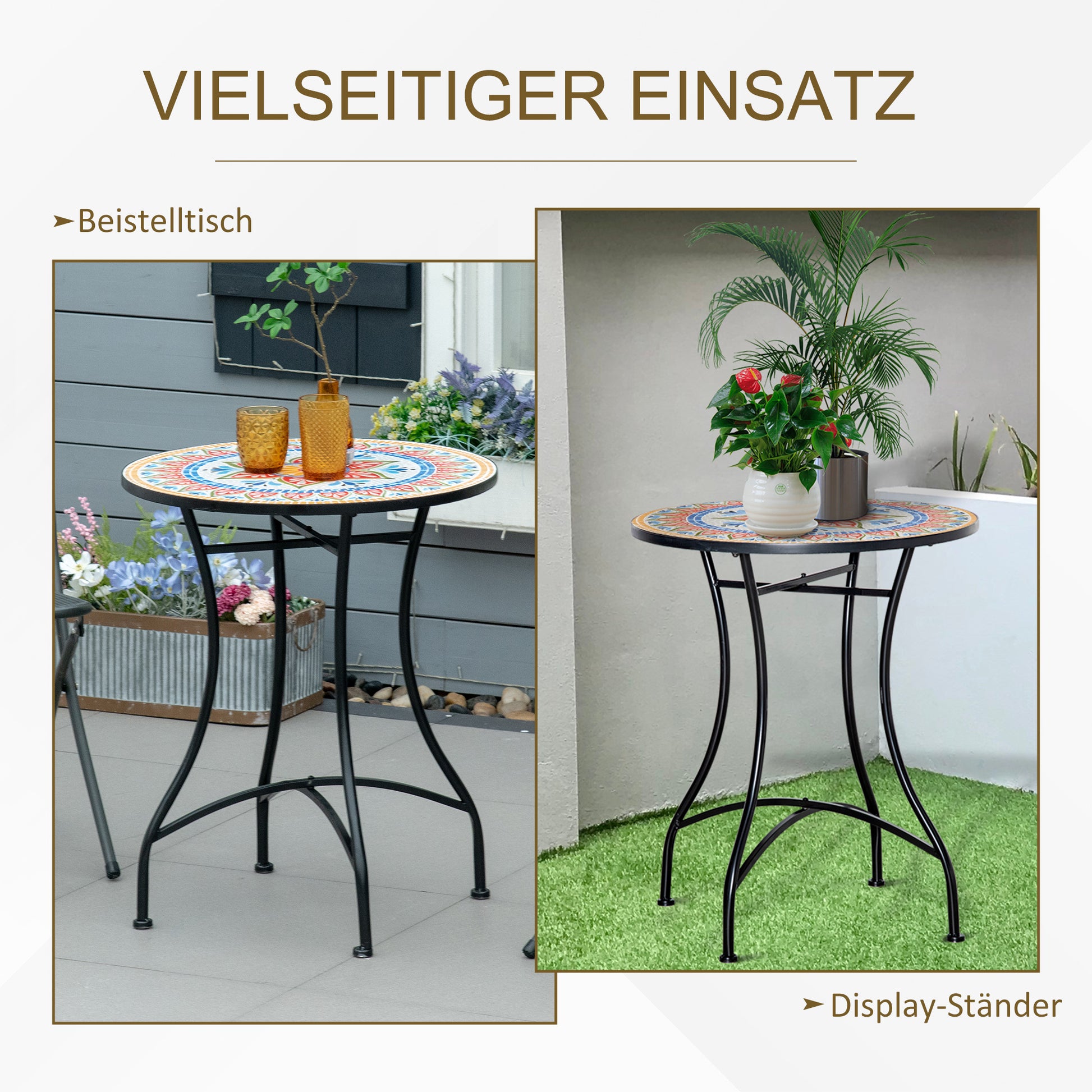 Garden Table Ø60 cm, Weatherproof Metal Patio Table, Outdoor Dining Table, Camping Side Table, Round Patio Table for Garden Terrace Balcony Red+Blue+White