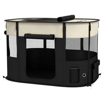 Oxford Fabric Dog Pen, Puppy Playpen, Outdoor Pet Enclosure, with Storage Pockets, Foldable Dog Playpen, 94 x 74 x 60 cm, Cream White and Black