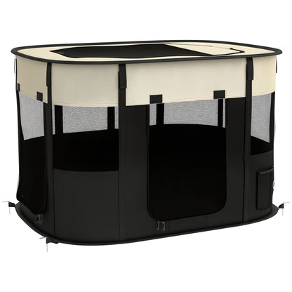 Oxford Fabric Dog Pen, Puppy Playpen, Outdoor Pet Enclosure, with Storage Pockets, Foldable Dog Playpen, 94 x 74 x 60 cm, Cream White and Black