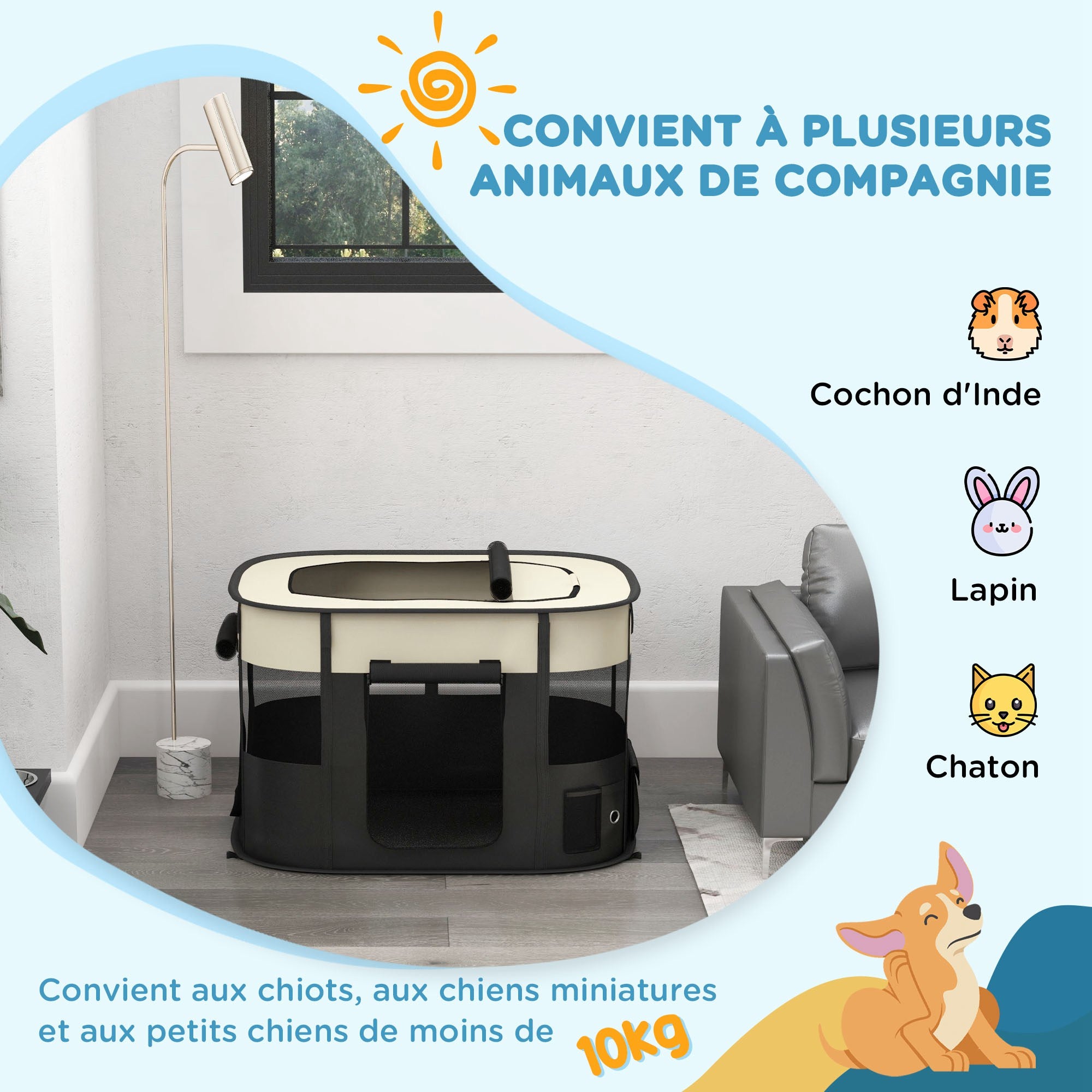 Oxford Fabric Dog Pen, Puppy Playpen, Outdoor Pet Enclosure, with Storage Pockets, Foldable Dog Playpen, 94 x 74 x 60 cm, Cream White and Black