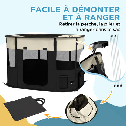 Oxford Fabric Dog Pen, Puppy Playpen, Outdoor Pet Enclosure, with Storage Pockets, Foldable Dog Playpen, 94 x 74 x 60 cm, Cream White and Black