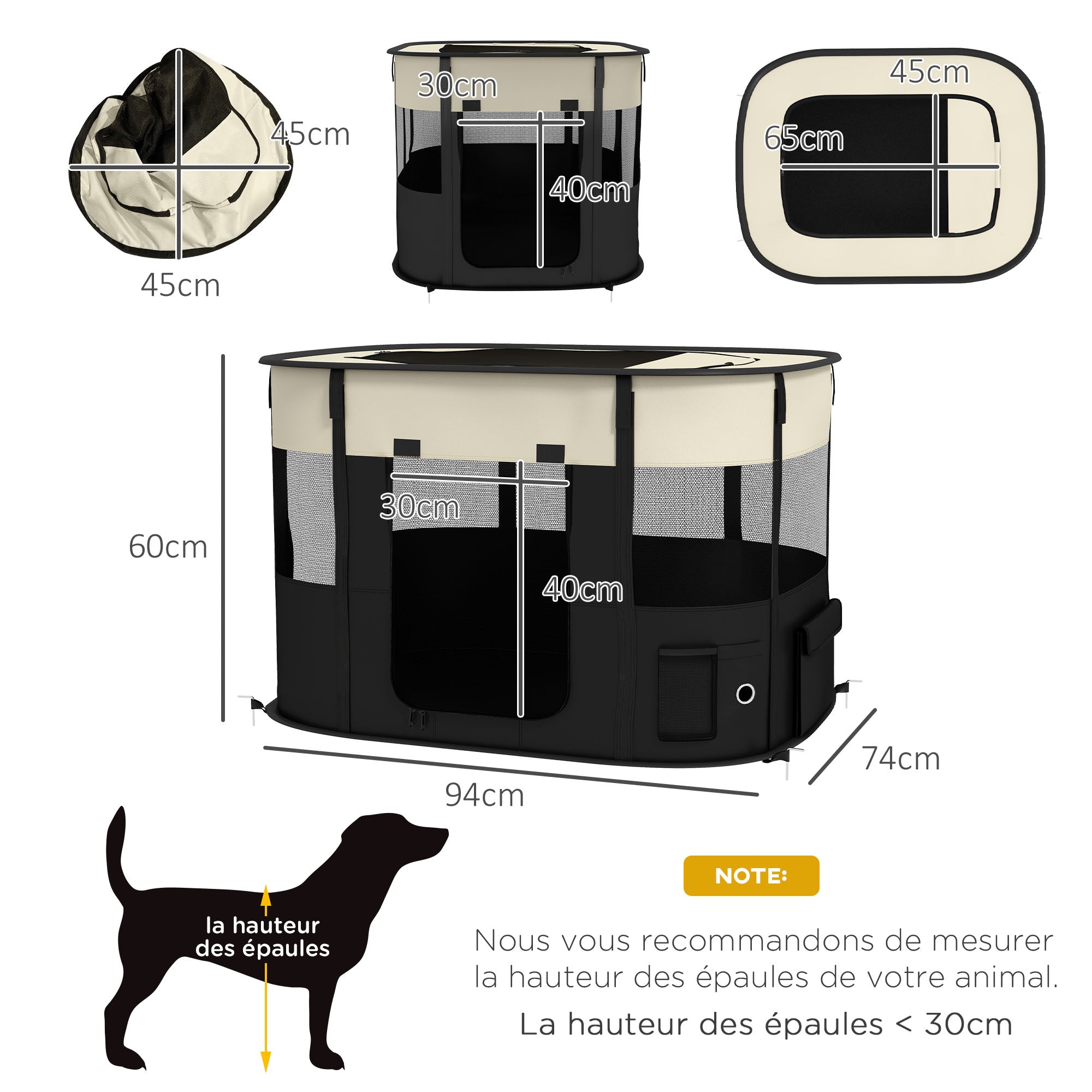 Oxford Fabric Dog Pen, Puppy Playpen, Outdoor Pet Enclosure, with Storage Pockets, Foldable Dog Playpen, 94 x 74 x 60 cm, Cream White and Black
