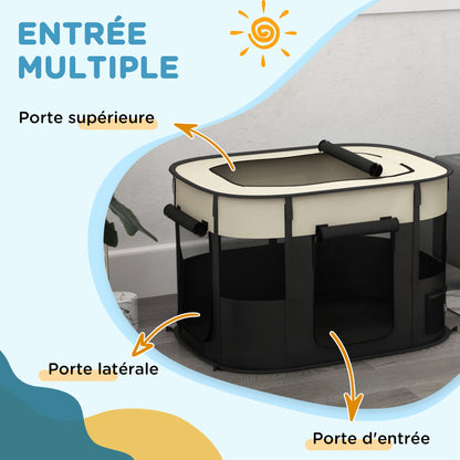 Oxford Fabric Dog Pen, Puppy Playpen, Outdoor Pet Enclosure, with Storage Pockets, Foldable Dog Playpen, 94 x 74 x 60 cm, Cream White and Black