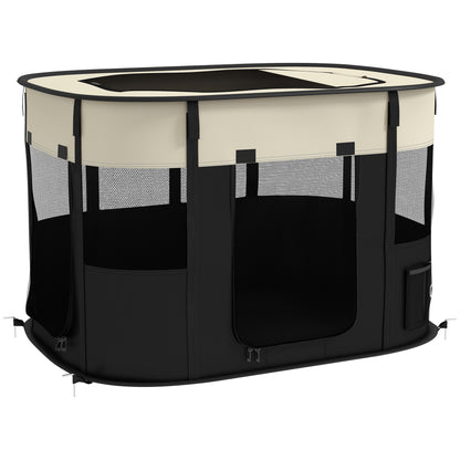 Oxford Fabric Dog Pen, Puppy Playpen, Outdoor Pet Enclosure, with Storage Pockets, Foldable Dog Playpen, 94 x 74 x 60 cm, Cream White and Black