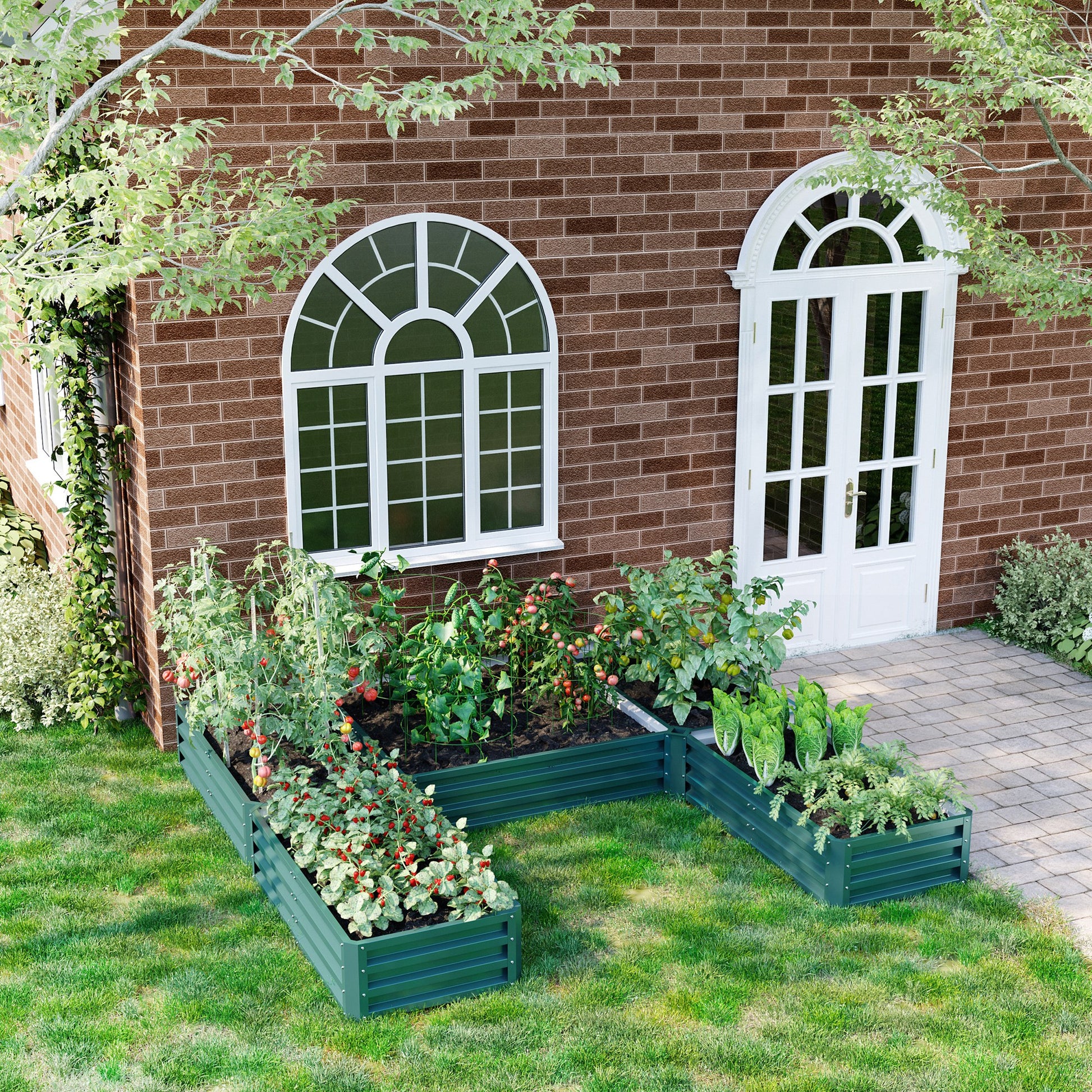 Modular Steel Garden Square Vegetable Planter Box Set of 5 Planters for Vegetables, Plants, Flowers, Dim. 245L x 242W x 31H cm Green