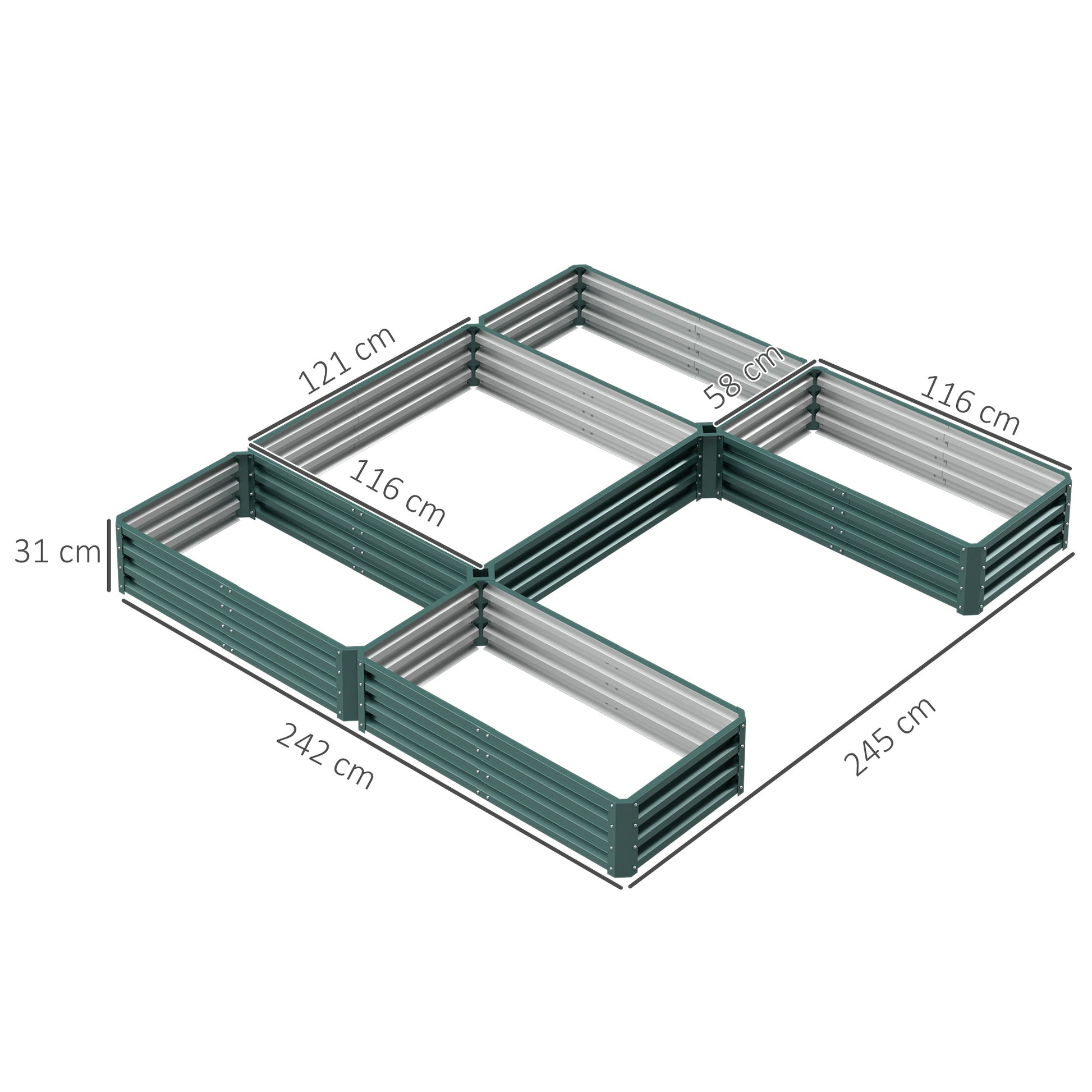 Modular Steel Garden Square Vegetable Planter Box Set of 5 Planters for Vegetables, Plants, Flowers, Dim. 245L x 242W x 31H cm Green