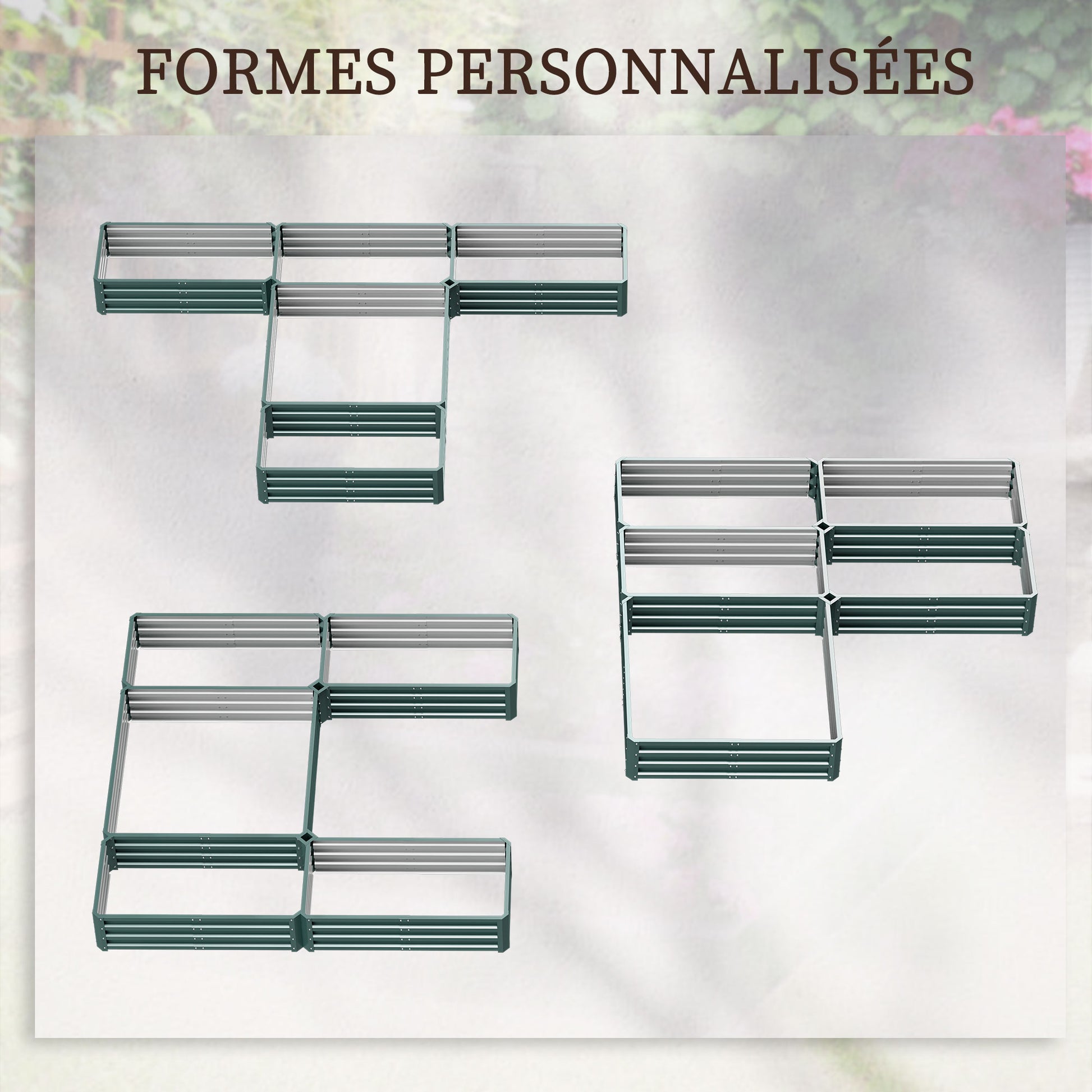 Modular Steel Garden Square Vegetable Planter Box Set of 5 Planters for Vegetables, Plants, Flowers, Dim. 245L x 242W x 31H cm Green
