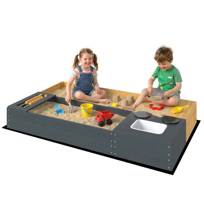 2-Piece Wooden Sandbox 59.1 x 35.4 in with Bench, Storage, Play Stove & Removable Sink, Abacus Beads – Ages 3–8, Yellow