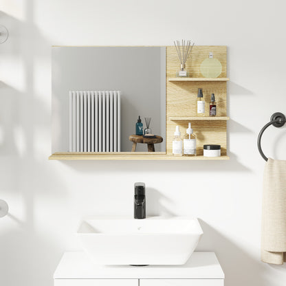Modern Bathroom Mirror with 2 Side Shelves and Bottom Shelf, Wall Mirror in MDF and Glass, 75x10x48 cm, Wood Color
