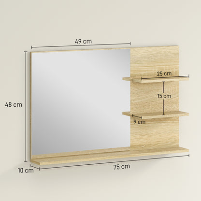 Modern Bathroom Mirror with 2 Side Shelves and Bottom Shelf, Wall Mirror in MDF and Glass, 75x10x48 cm, Wood Color