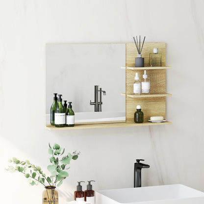 Modern Bathroom Mirror with 2 Side Shelves and Bottom Shelf, Wall Mirror in MDF and Glass, 75x10x48 cm, Wood Color