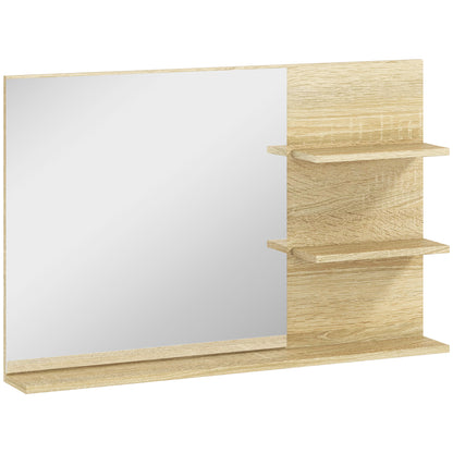 Modern Bathroom Mirror with 2 Side Shelves and Bottom Shelf, Wall Mirror in MDF and Glass, 75x10x48 cm, Wood Color