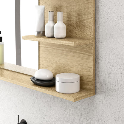 Modern Bathroom Mirror with 2 Side Shelves and Bottom Shelf, Wall Mirror in MDF and Glass, 75x10x48 cm, Wood Color